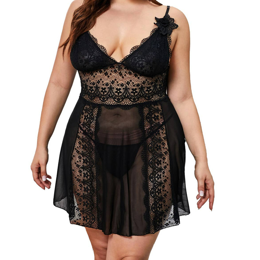 Womens Black Sheer Babydoll Chemise Lingerie Slip Lace Bust and GString Panty 2X